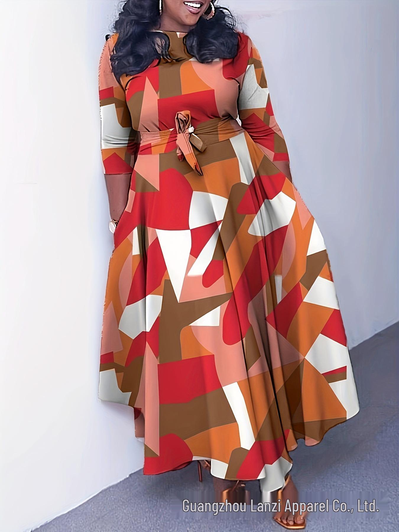 

Plus Size Floral Print Belted Long Dress with Round Neck and Five-Point Sleeves for Women 4XL цветочный