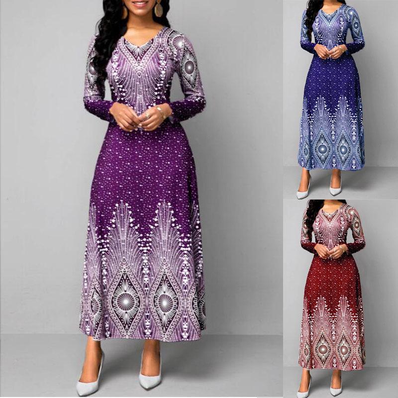 European & American V-Neck Retro Print Long Sleeve Maxi Dress - Spring & Autumn Women's Fashion