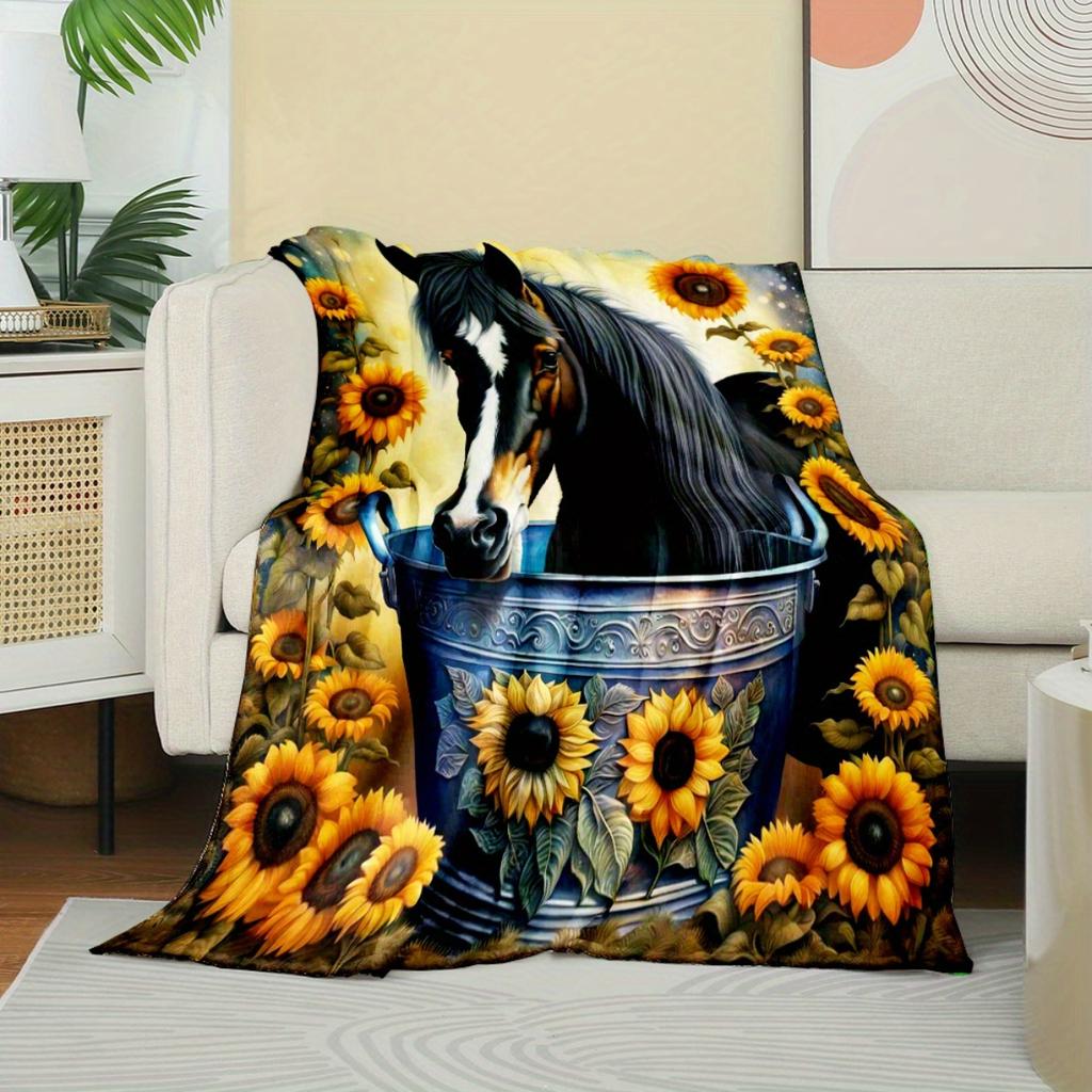 Luxury Black Horse Pattern Flannel Blanket, Suitable for Sofas, Beds, Offices, Travel, Camping, Christmas Gifts, and Presents