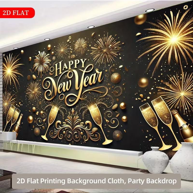 2D Black Gold New Year Fireworks Polyester Tapestry Party Background Cloth
