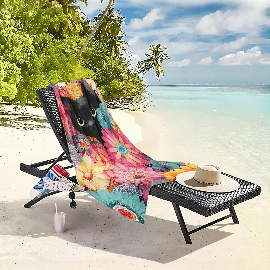 1pc Curious Black Cat in Vibrant Floral Paradise 2D Printed Microfiber Beach Towel, quick dry super absorbent. Great for beach