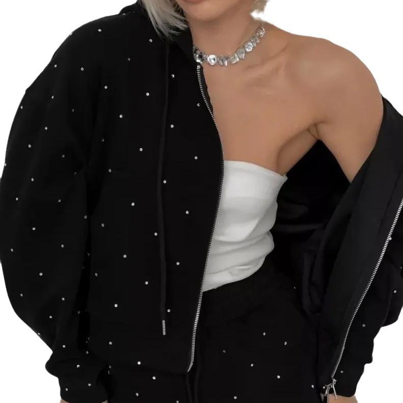 Černé Sportovní Obleky Dámské Zipová Mikina Kalhoty Set Tečkované Sety Sportovní Oblečení Neformální Outfit Tepláková Souprava