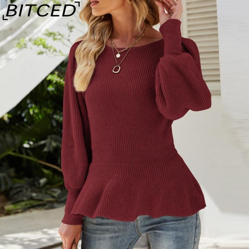 

BITCED Autumn Winter Fitted Lantern Sleeve Knit Top Women s Solid Color Knit Sweater XL