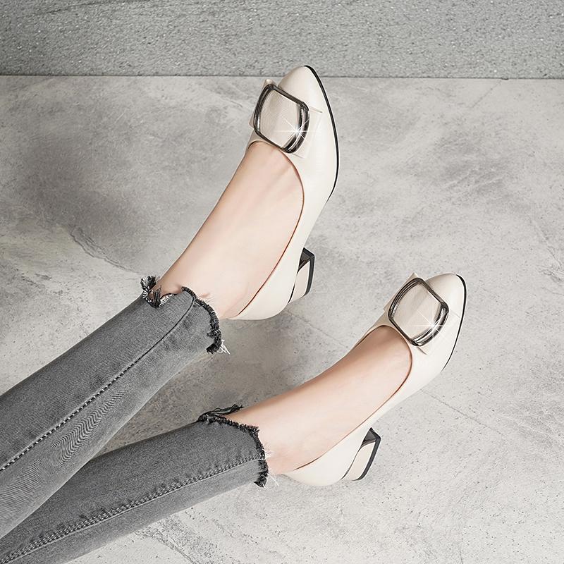 Brand Shoes Thick Heel Ladies Pumps Genuine Party Wedding Shoes Women Soft Cowhide Black Office Work Shoes