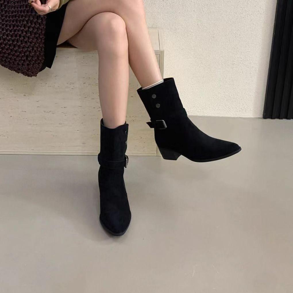 Herbst und Winter 2025 neue runde Zehenpartie Gürtelschnalle dicker Absatz Martin Damen Kurzstiefel Ritter Damenstiefel