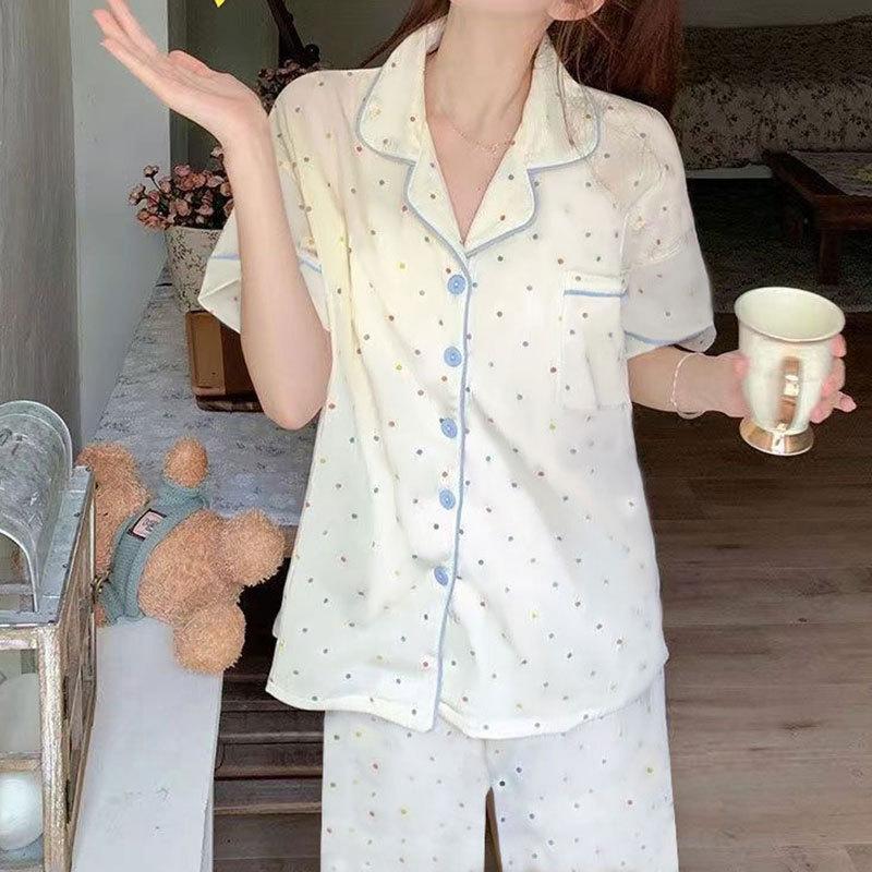 Recommended Pajamas Women'S Two-Piece Set Sweet Color Polka Dot Summer Short-Sleeved Trousers Fashionable Versatile Loungewear