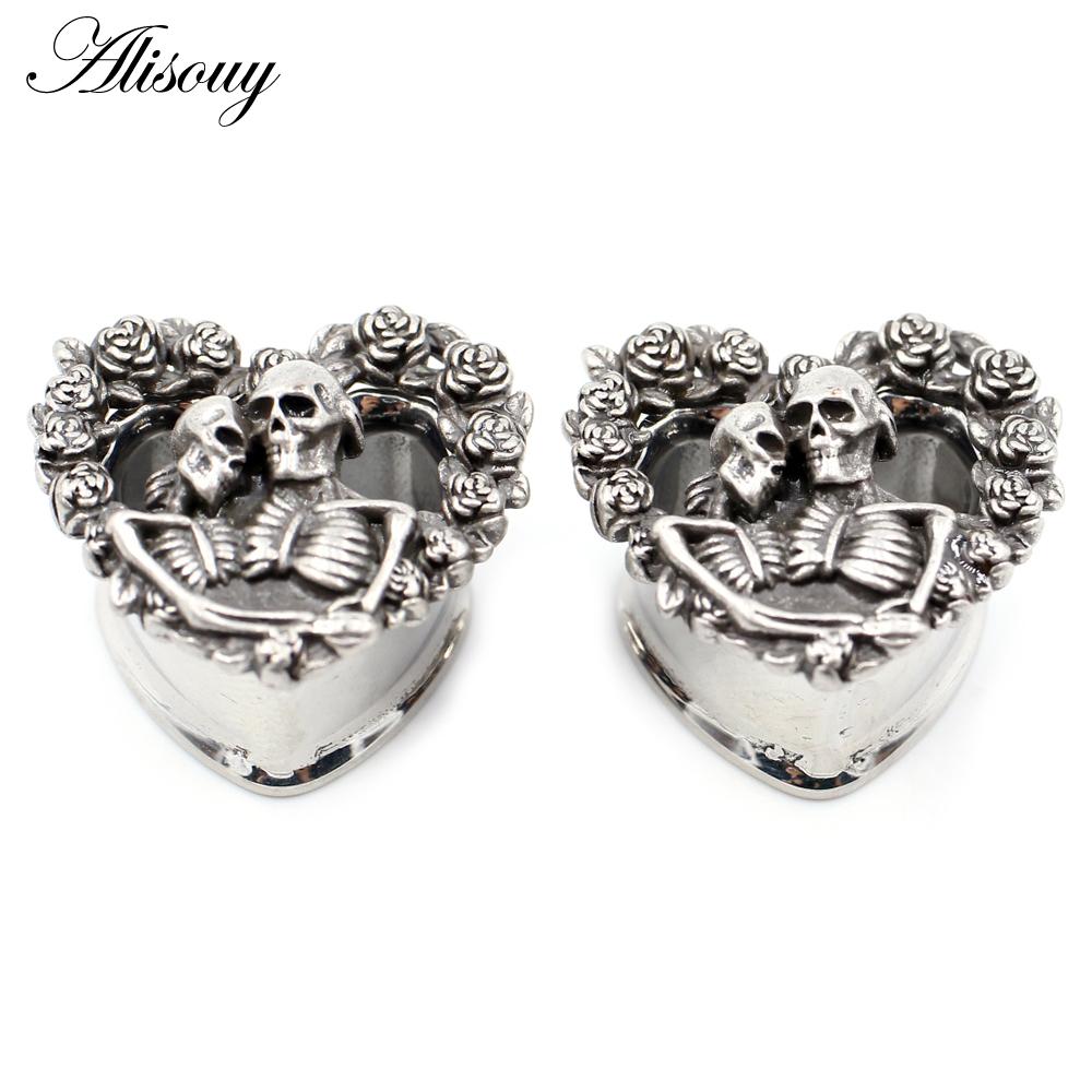 Alisouy 2PCS Retro Stainless Steel Skull Rose Flower Heart Ear Plugs Tunnels Expander Stretchers Gauges Piercing Body Jewelry