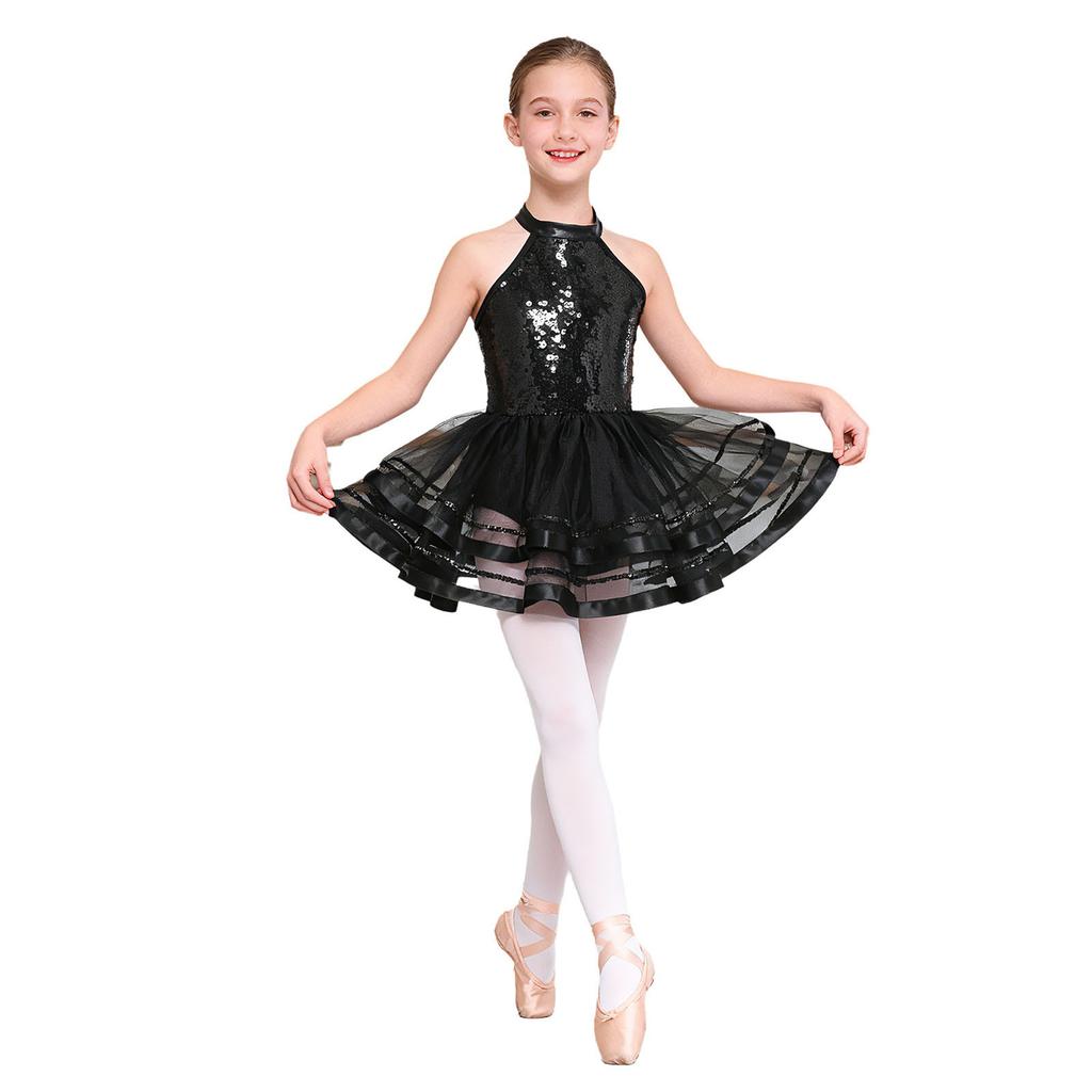 Girls Kids Sparkling Sequins Ballet Tutu Dress Modern Jazz Dance Outfit Stage Performance Costume Dancewear