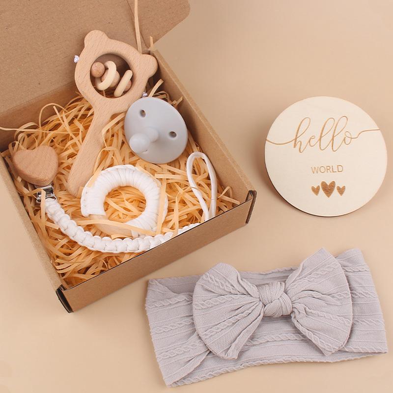 1 set per neonato Campanellino in legno Succhiotto in silicone Succhiotto Succhiotto Asciugamano Rassicurante Fiocco Fascia per capelli Dente da latte Bambino