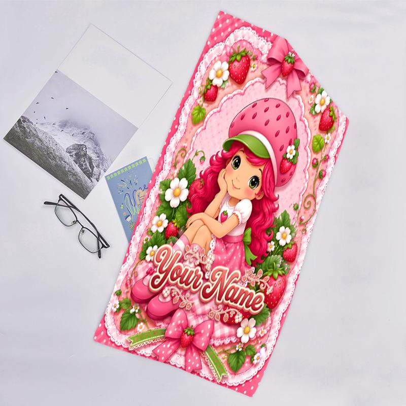 1pc Princess Strawberry Beach Towel with Custom Name, Beach and Seaside Swimming Pool Equipment, Fashion Pattern, Rectangular, Travel Essential