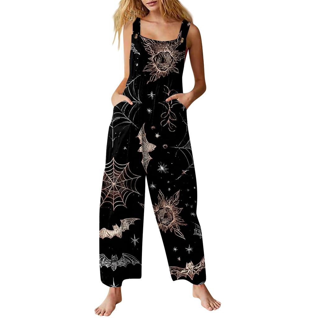Women's Casual Jumpsuit Sleeveless Halloween Printed Cotton Jumpsuit