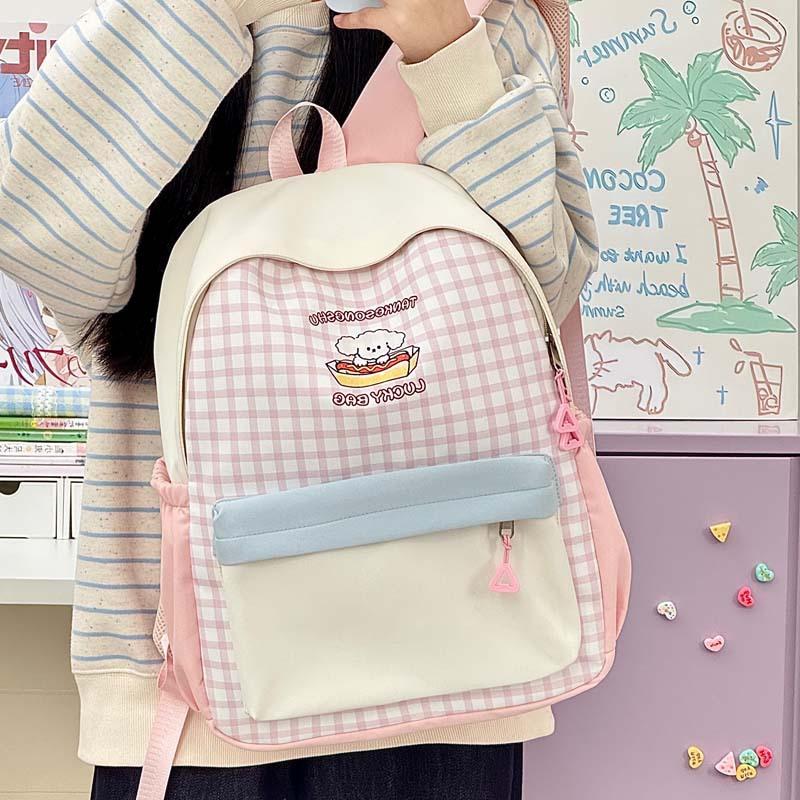Schoolbag Junior High School Student Schoolbag Girls Japanese Ins Sweet Plaid Contrasting Color Backpack Lightweight Backpack 1011 Summer
