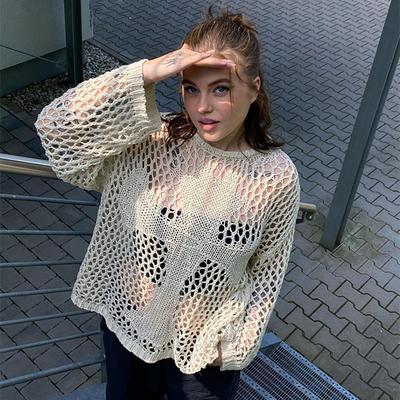 New Crew Neck Hollow Long Sleeve Loose Summer Mesh See-Through Retro Sexy Top Beach Knit Sweater