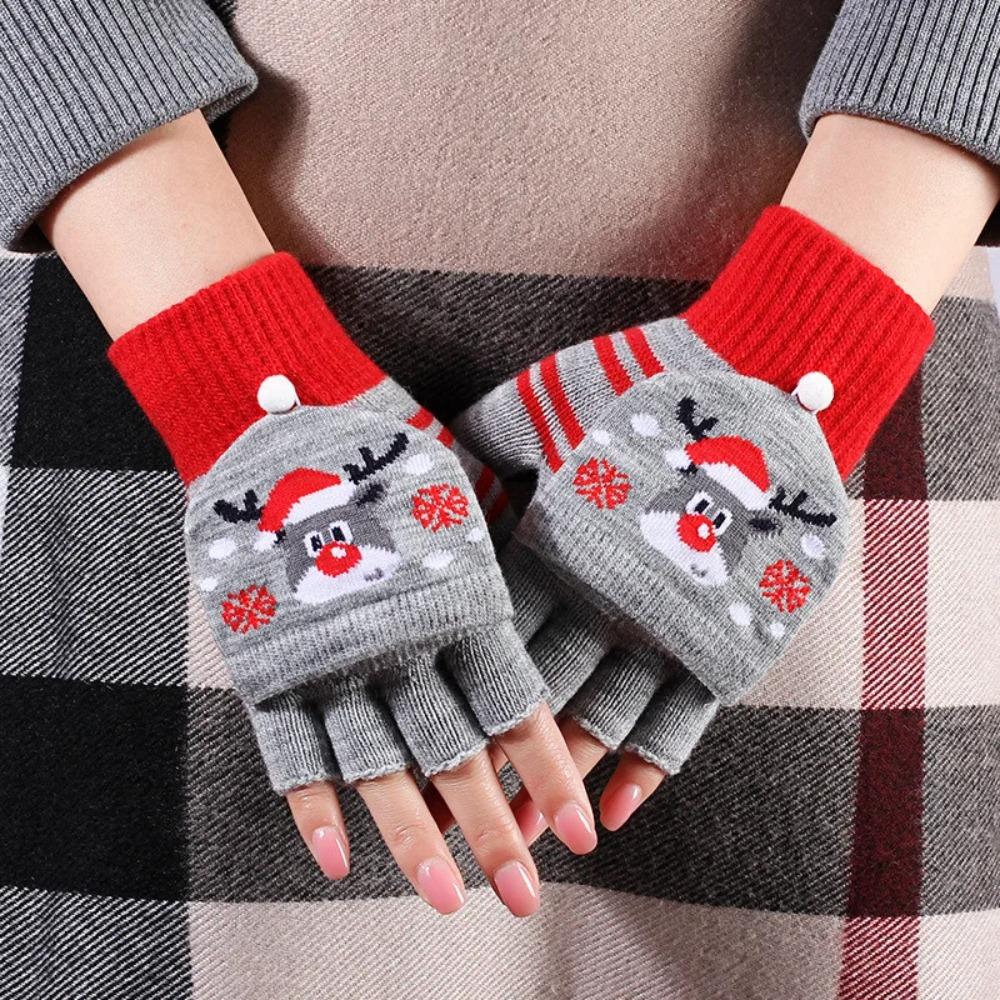 Winter Cute Girls Christmas Gloves Kids Warm Cartoon Gloves Students Fingerless Writing Gloves with Flip Cover 7-13Y