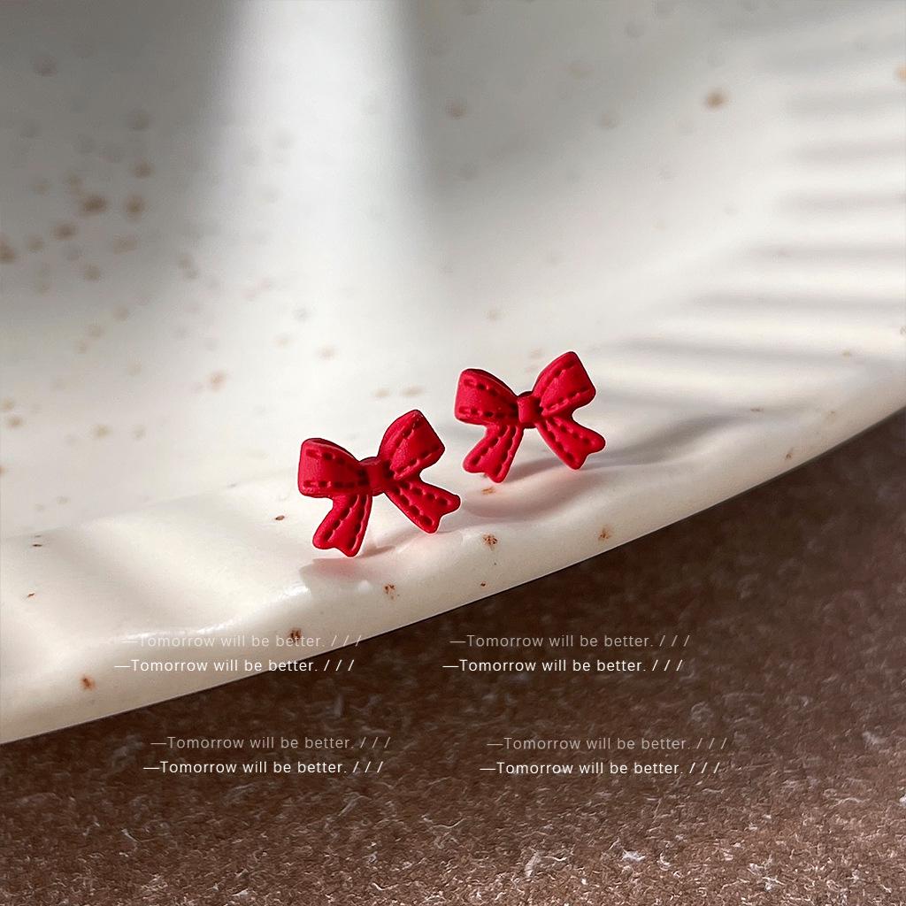 Christmas Red Bow Stud Earrings for Women - Japanese Korean Sweet Girlish Style New Year Accessories