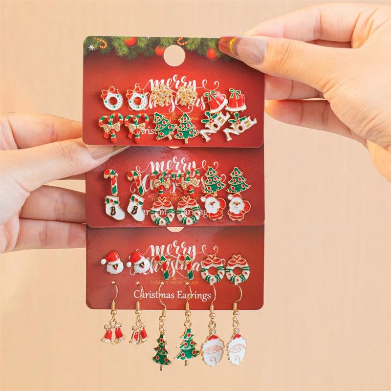12 Pcs Santa Claus Christmas Tree Bell Earrings New Year Jewelry Cute Christmas Gingerbread Snowflake Earrings Set for Women