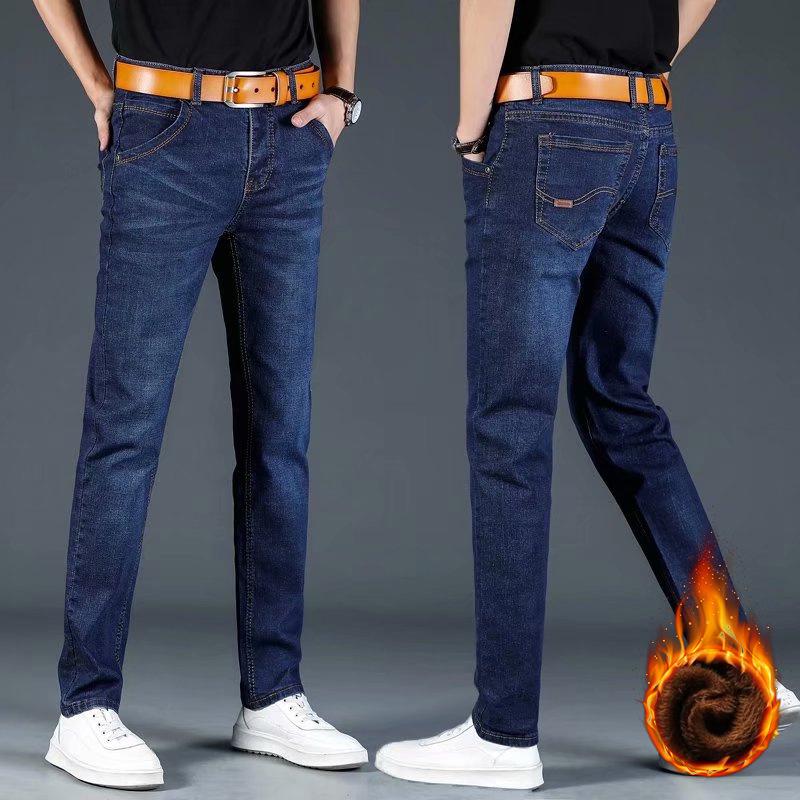 Men's 2024 Winter Straight White Jeans with Plus Velvet for Warmth