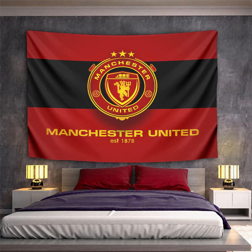 A red and black background with a golden Manchester United crest. Patterned tapestry for bedroom and living room home decor