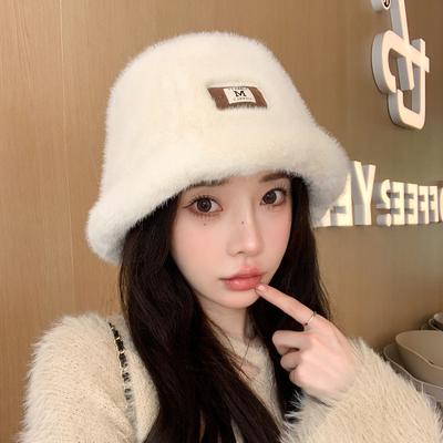 Hat Women's Fashion Labeling Hairy Bucket Hat Winter Warm Imitation Mink Cold Basin Hat