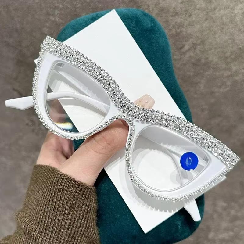 Men Anti Blue Light Far Sight Eyeglasses Cat Eye Diamond Studded Reading Glasses Women Presbyopia Glasses