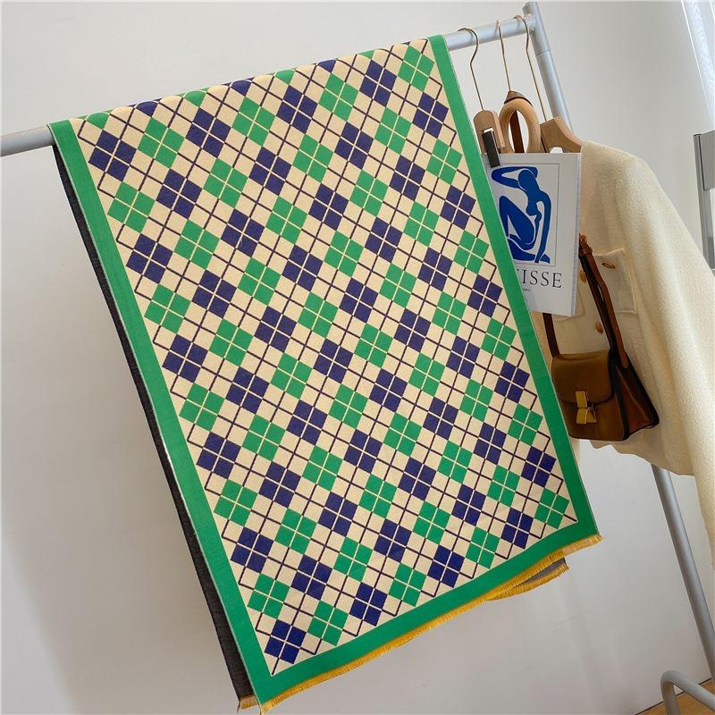 New scarf, sweet plaid women's shawl, warm in winter, imitation cashmere scarf with decoration