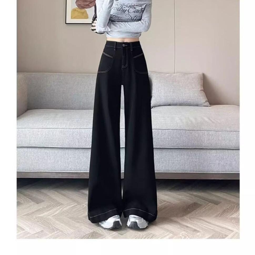 2025 Black High-Waist Flared Bell Bottom Pants - Women's Slimming Wide Leg Denim Trousers