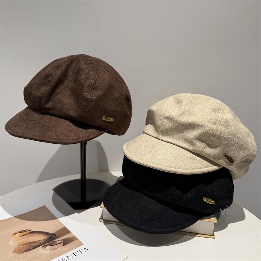 Autumn and winter simple coffee color big head circumference octagonal hat women's autumn and winter retro versatile suede fashion painter hat