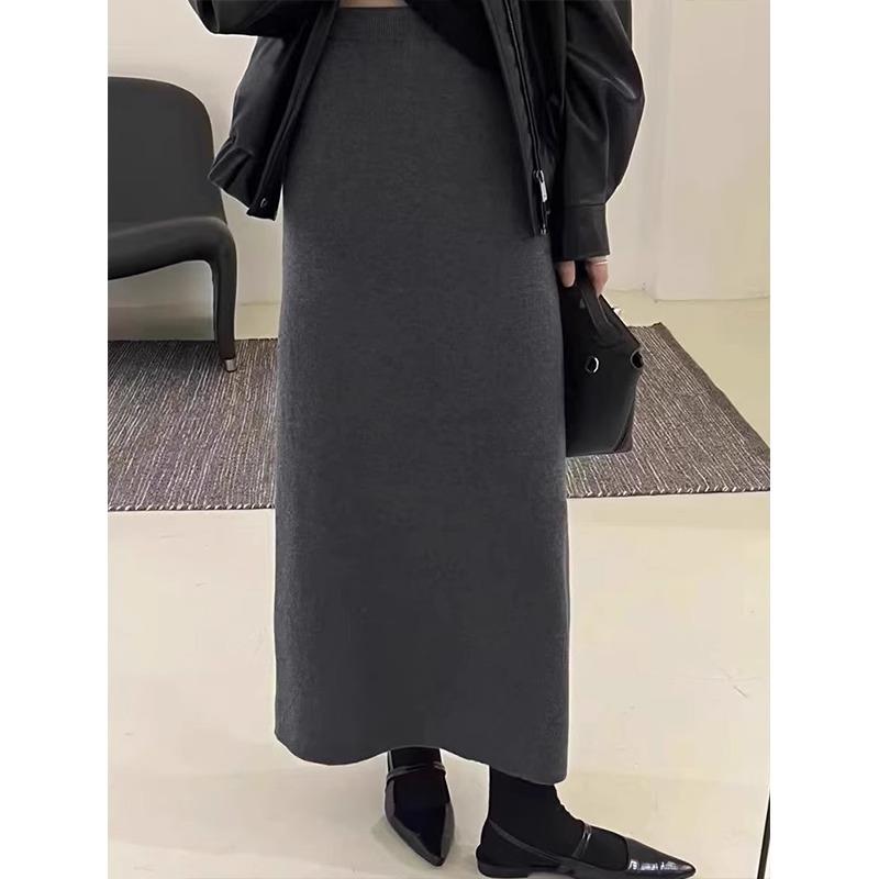 

Gray Wool Elastic Waist Knitted Skirt for Women In Autumn and Winter New Style, Temperament, Small Hip-packing A-line Skirt S чёрный