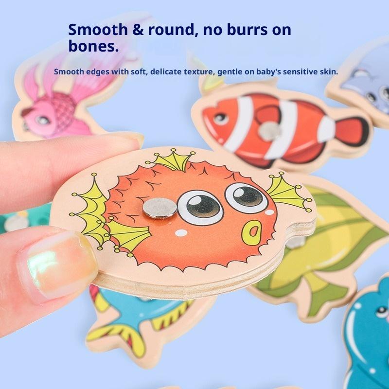 Wooden Magnetic Fishing Toy Set For Kids Montessori Educational Toy Marine Animal Game Toddler Learning Hand-Eye Coordination