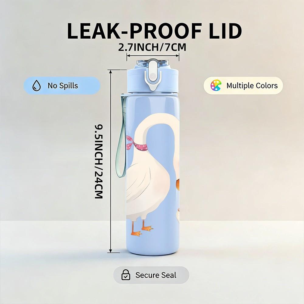1PC White Goose With Heart Neck Print 750ml Color Plastic Sports Water Bottle Leakproof Flip Straw Lid Suitable for Sports Office Home Use
