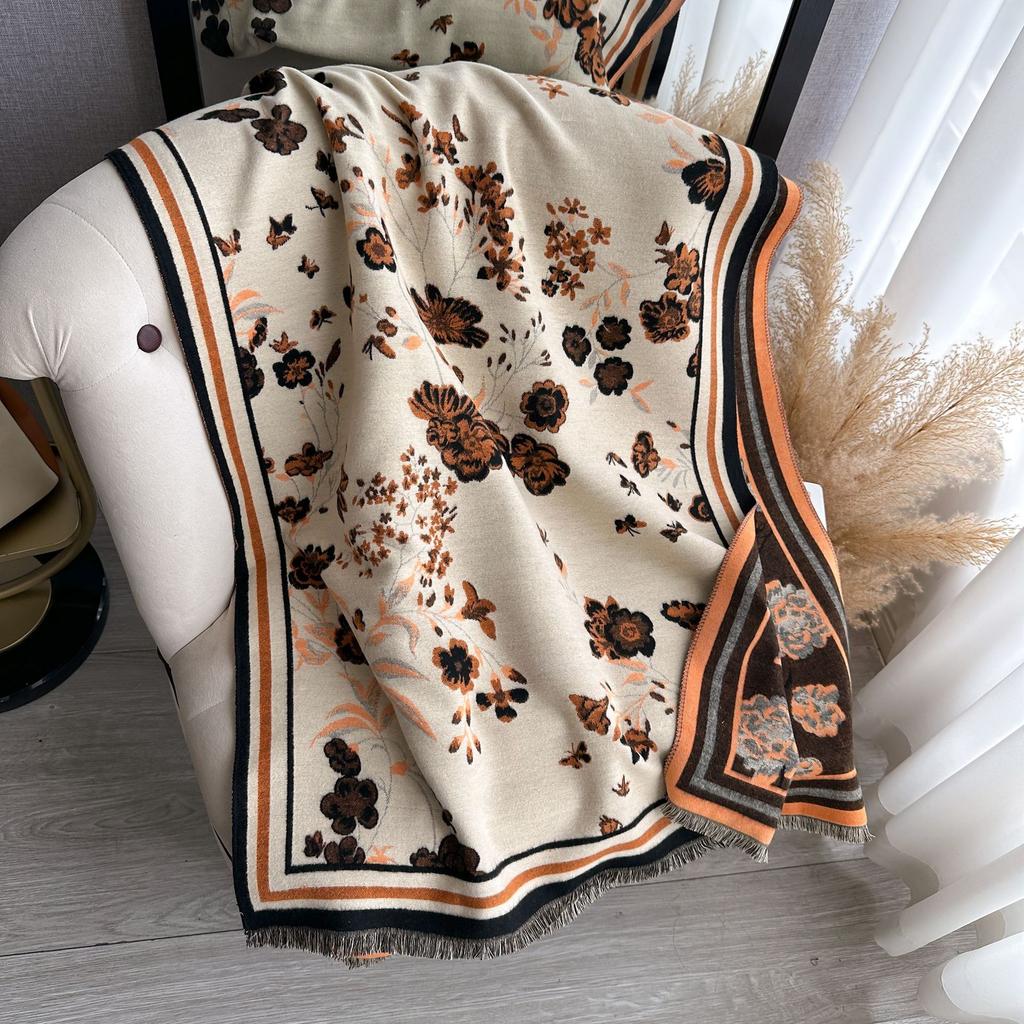 Autumn And Winter Scarf Women'S Versatile Imitation Cashmere Thickened Warm Shawl Double-Sided Imitation Cashmere Dual-Purpose Flower