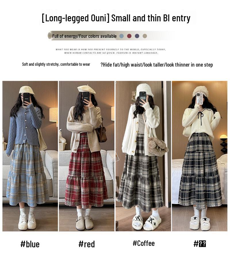 Vintage Plaid Wool A-line Skirt for Women - High Waist, Mid-Length, Autumn/Winter 2025 Collection