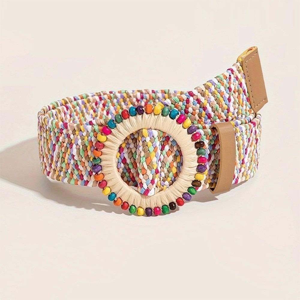 

Fashion Round Buckle Waist Belt Boho Straw Waistband Bohemian Woven Belt Ellipse Buckle Bead Decor Women Belt For Beach Holiday 97cm