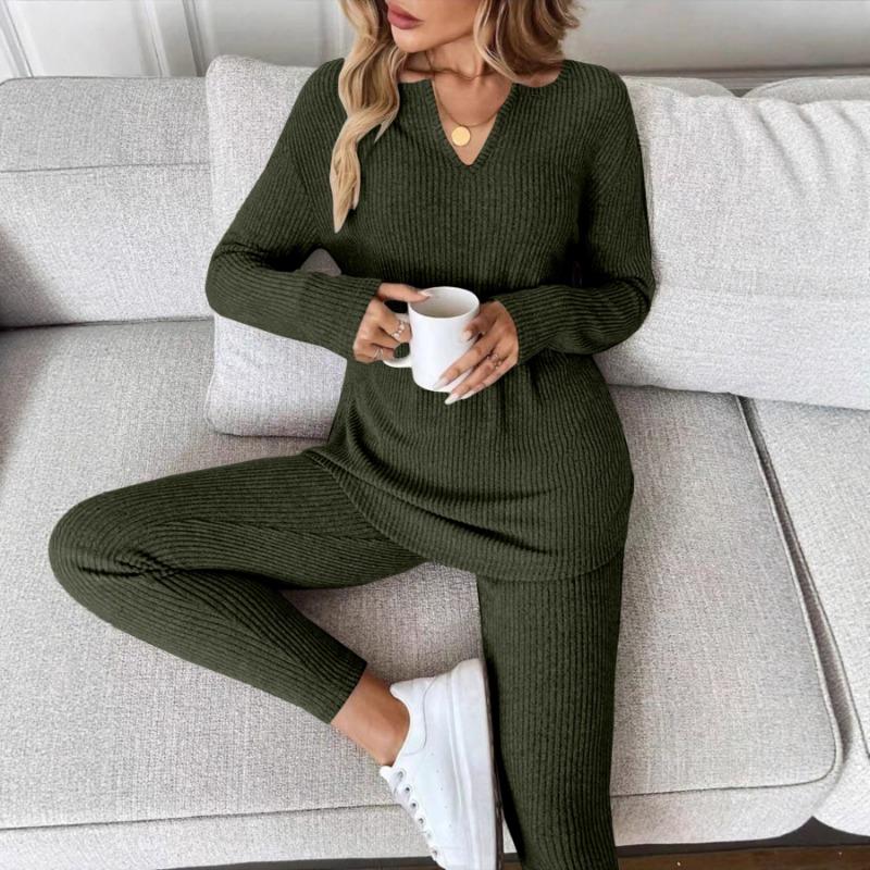 Women V Neck Long Sleeve Thin Casual Two Piece Loungewear Set With Long Pants