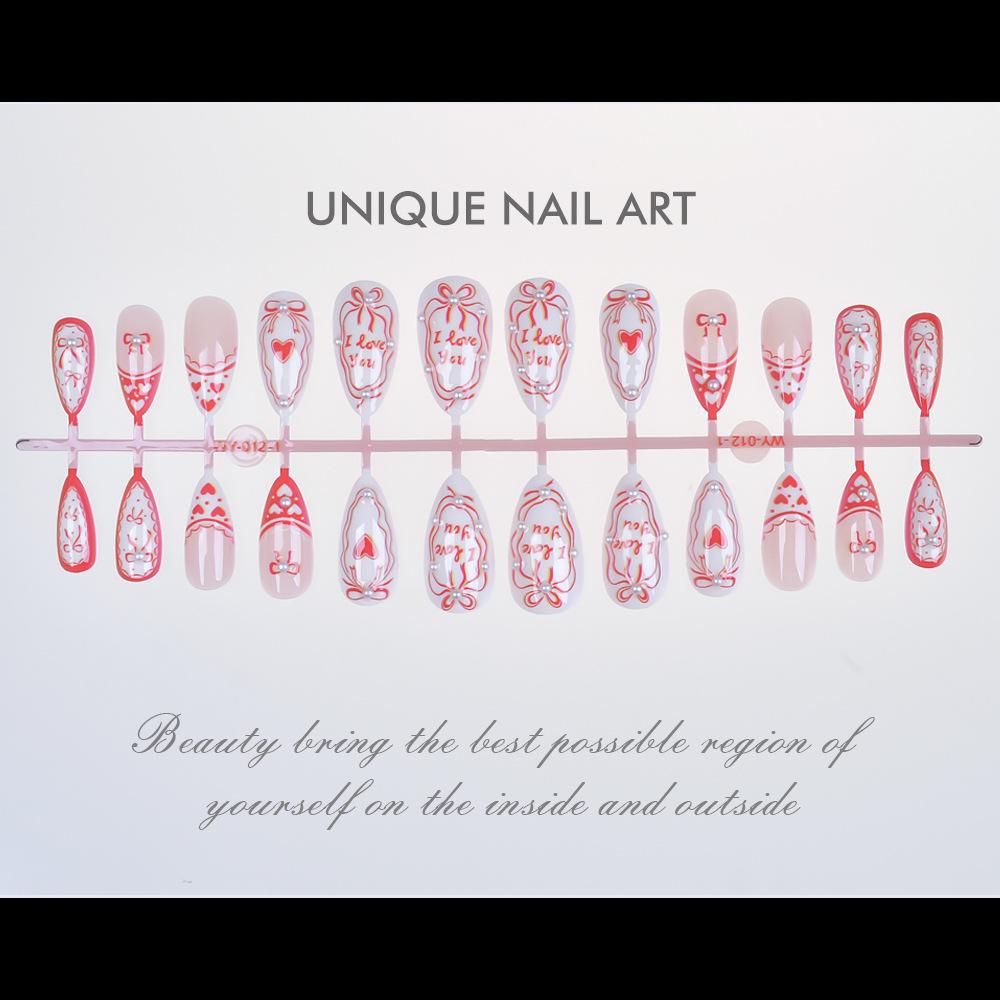 New Year French Almond Red Heart Pearl Bow False Nails