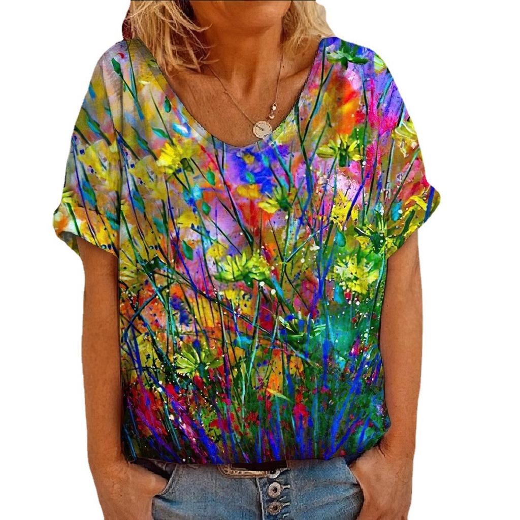Summer Women's Short Sleeved New Flower Animal Painting 3D Printed Short Sleeved T-shirt