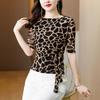 New Summer Mesh Base Shirt for Women with Large Size Short-sleeved Fashionable Top Round Neck Tie Leopard Print T-shirt
