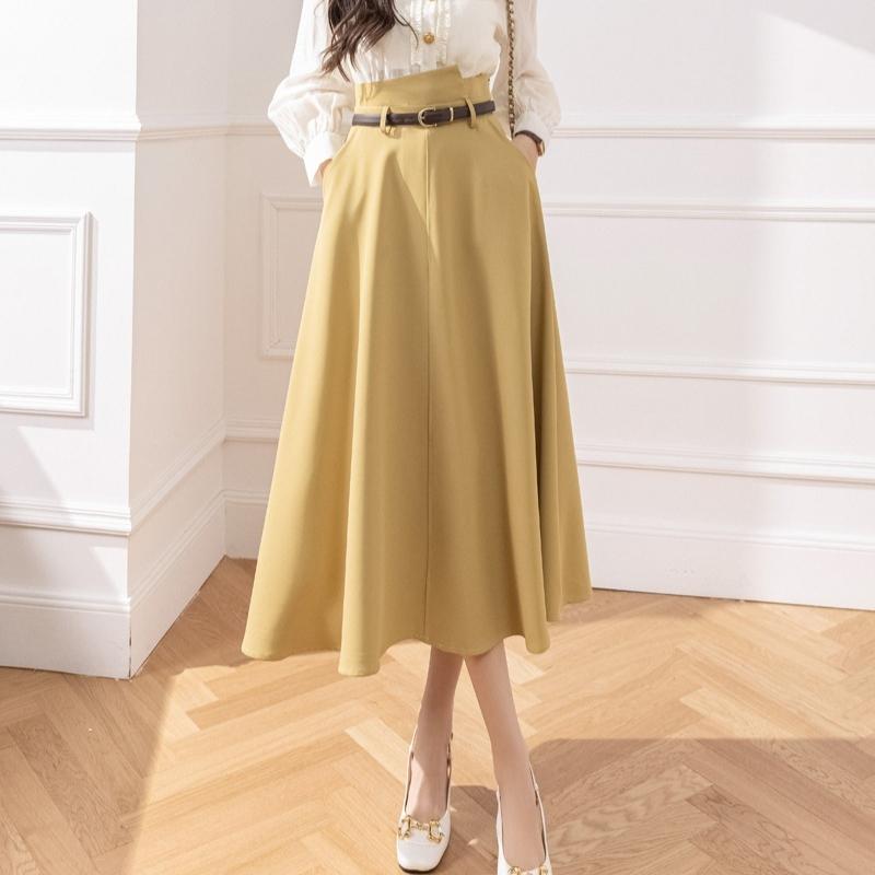 Elegant High Waist A Line Skirt Women Midi Flared Skirt Office Long Skirts Slim