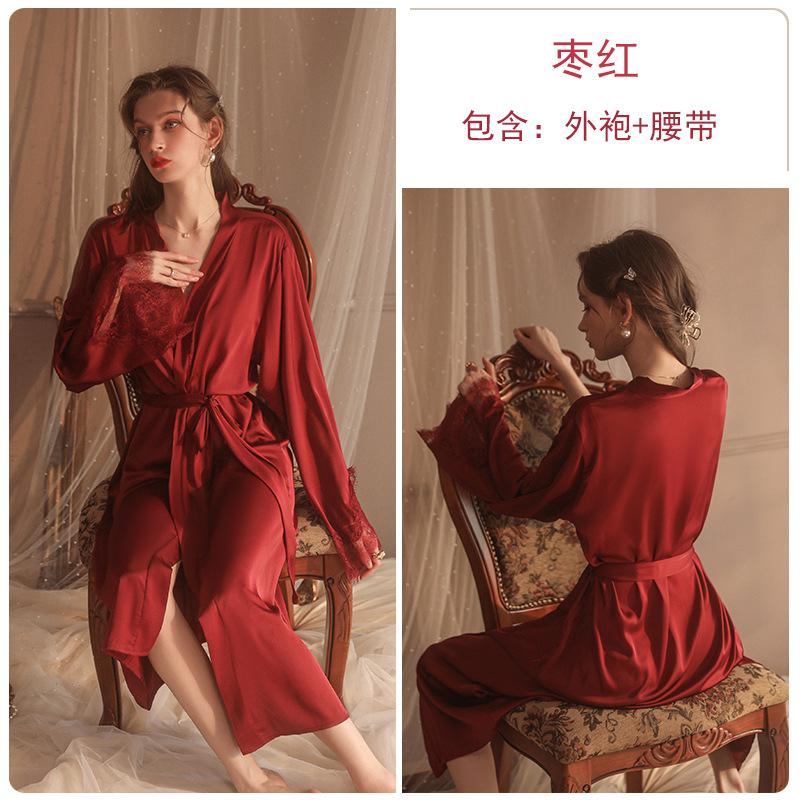 

Wide open belt satin split strap lace stitching long nightgown bathrobe set One size fits all