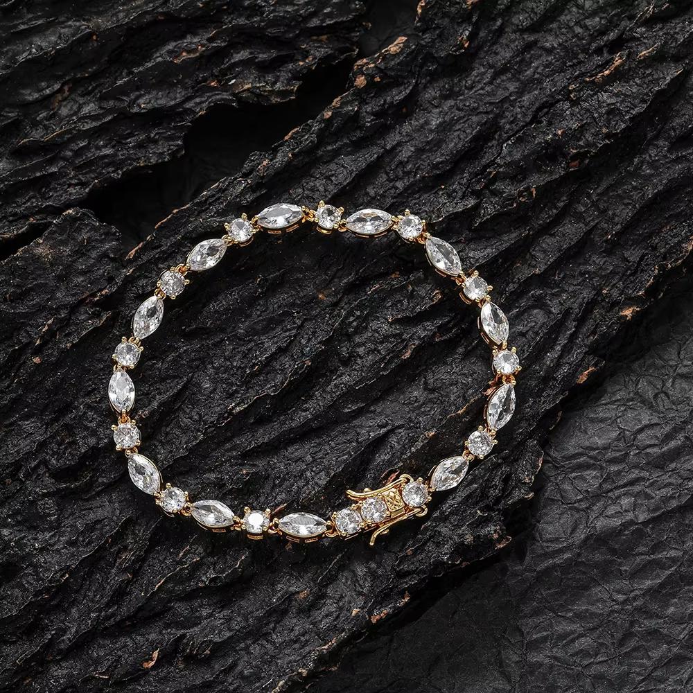 Mixed Cut Round and Marquise Cubic Zirconia Tennis Bracelet 18K Gold Plated Brass Bling Hip Hop Jewelry for Women