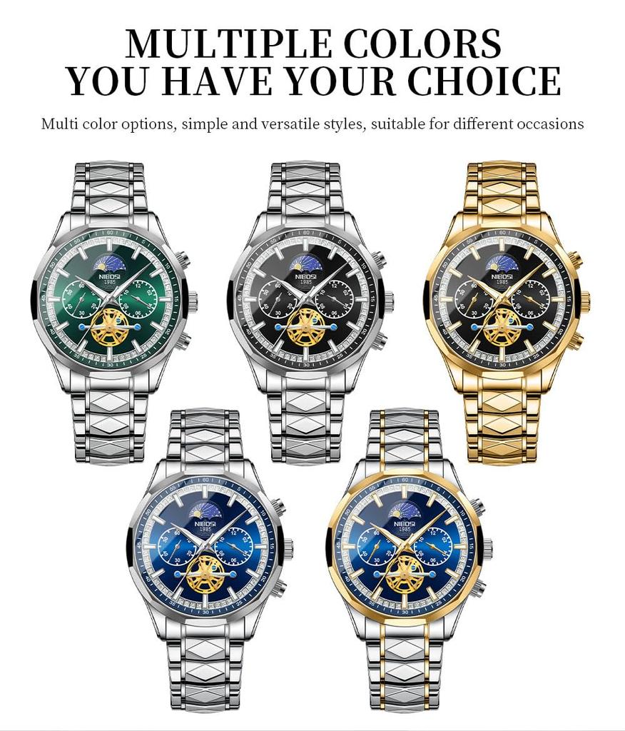NIBOSI Watch Watch Hand Watch Business Chronograph Big Face Brand Stylish Casual Metal Band Stainless Steel Analog Skeleton Gentleman Luxury Gift