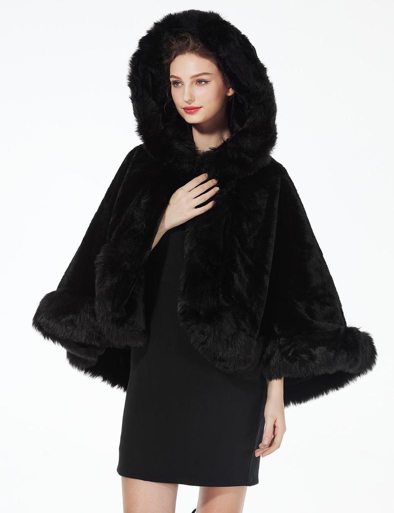 BEAUTELICATE Thick Fur Warm Faux Fur Cape for or Any Occasion Women's Shawl, Large, Winter, Hooded, Wedding, Party,