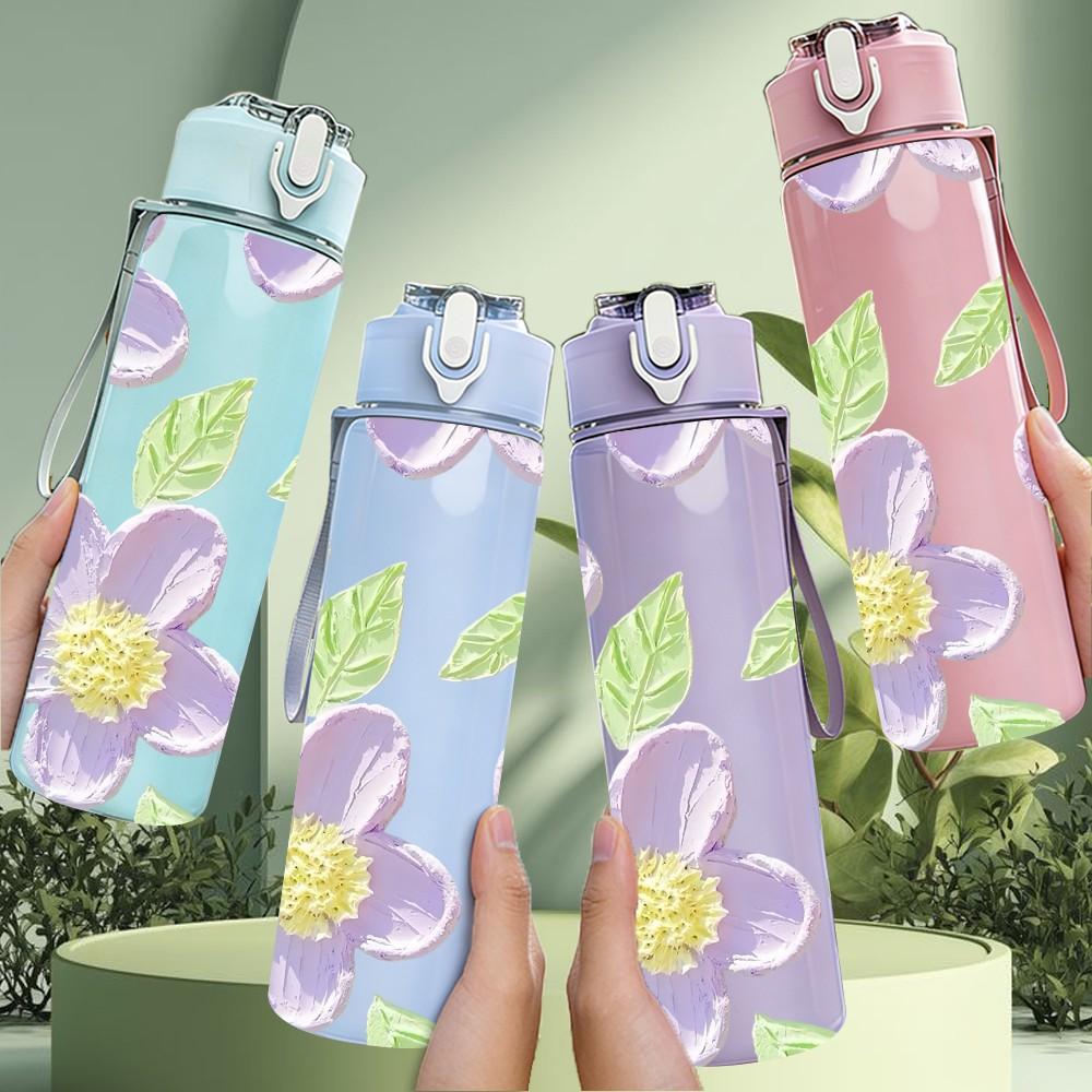 1PC Soft Pastel Purple Floral Leaf Print 750ml Color Plastic Sports Water Bottle Leakproof Flip Straw Lid Suitable for Sports Office Home Use