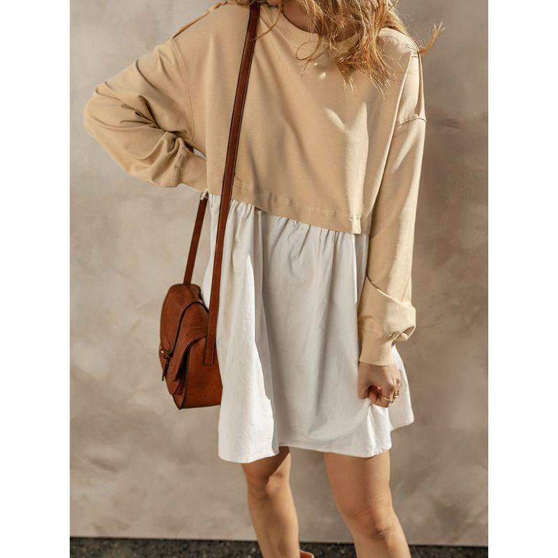 Autumn and Winter New Arrival Contrast Color Heterogeneous Patchwork Long Sleeves Dress Women European and American Leisure Loose Pleated Skirt Women