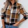 Women Jacket Stand Collar Long Sleeve Zipper Closure Short Jacket Plaid Print Ribbed Hem Cuff Casual Coat Daily Wear