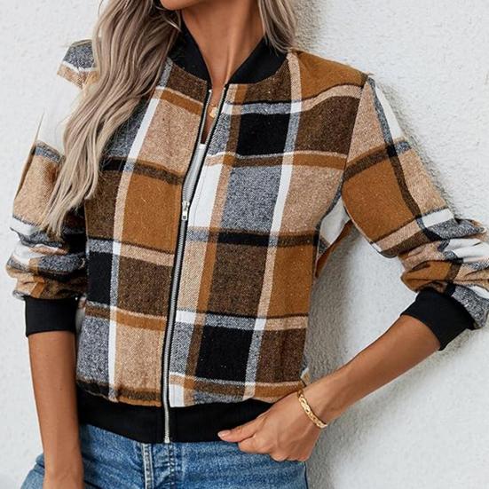 Dámská bunda stojáček dlouhý rukáv zapínání na zip krátká bunda kostkovaný potisk žebrovaný lem manžety ležérní kabát pro každodenní nošení