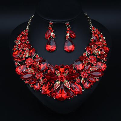 2026 European and American Fashion Exaggerated Gemstone Leaf Necklace Earrings Set Luxury Dress Banquet Bridal Accessories
