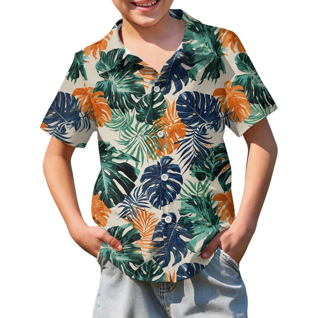 Boys' Short-sleeved Hawaiian Print Shirt, Children's Summer Button-down Shirt