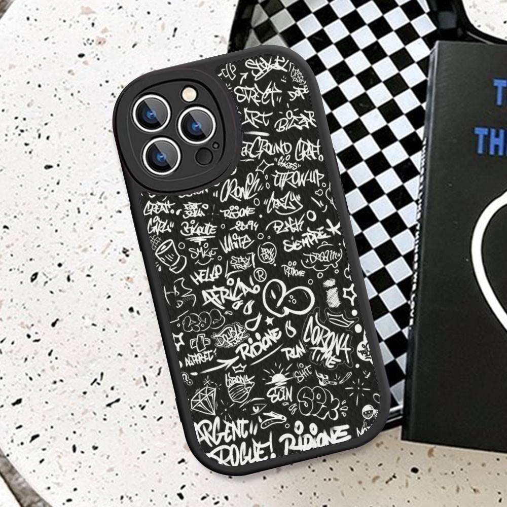 Coole Schwarze Graffiti Handyhülle Hartleder Für iPhone 16 15 14 13 12 Mini 11 14 Pro Max Xs X Xr 7 8 Plus Fundas