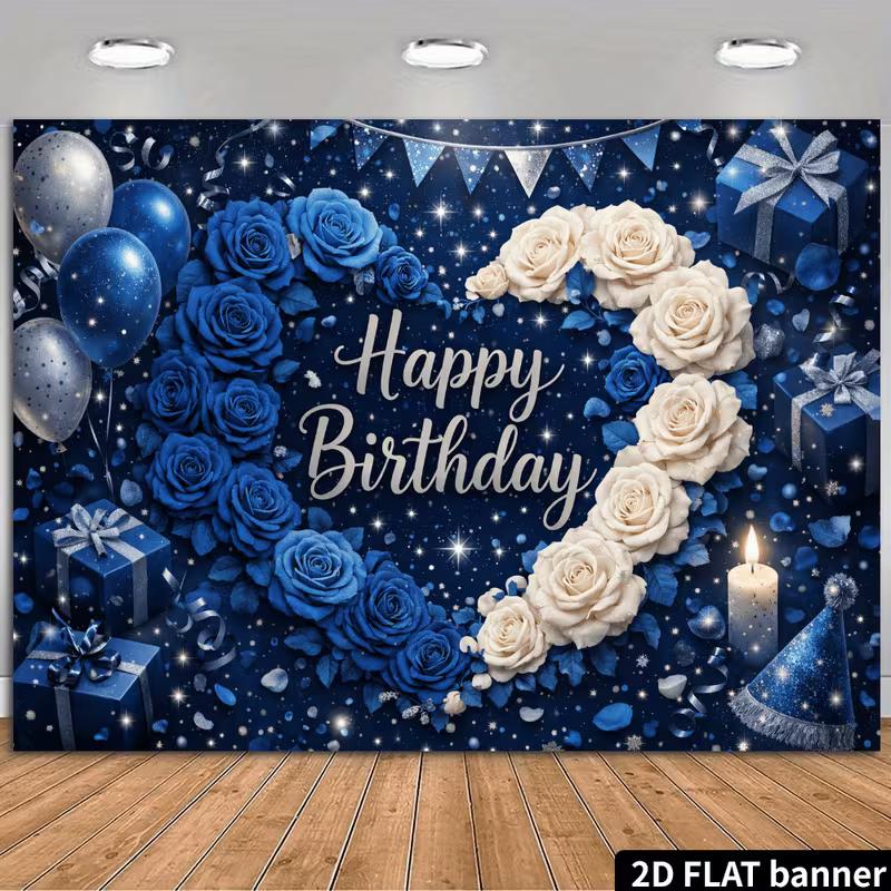 2D Starry Blue Rose Happy Birthday Backdrop Banner Party Decoration for Boys & Men